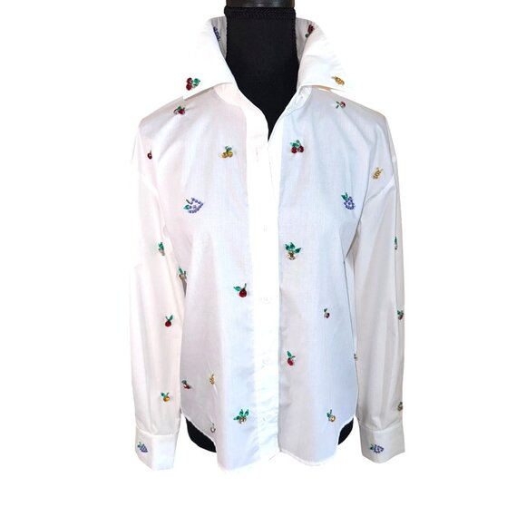 NWOT Gabby Isabella White Multi Fruit Jewel Embellished Embroidered Shirt Office - Picture 1 of 12